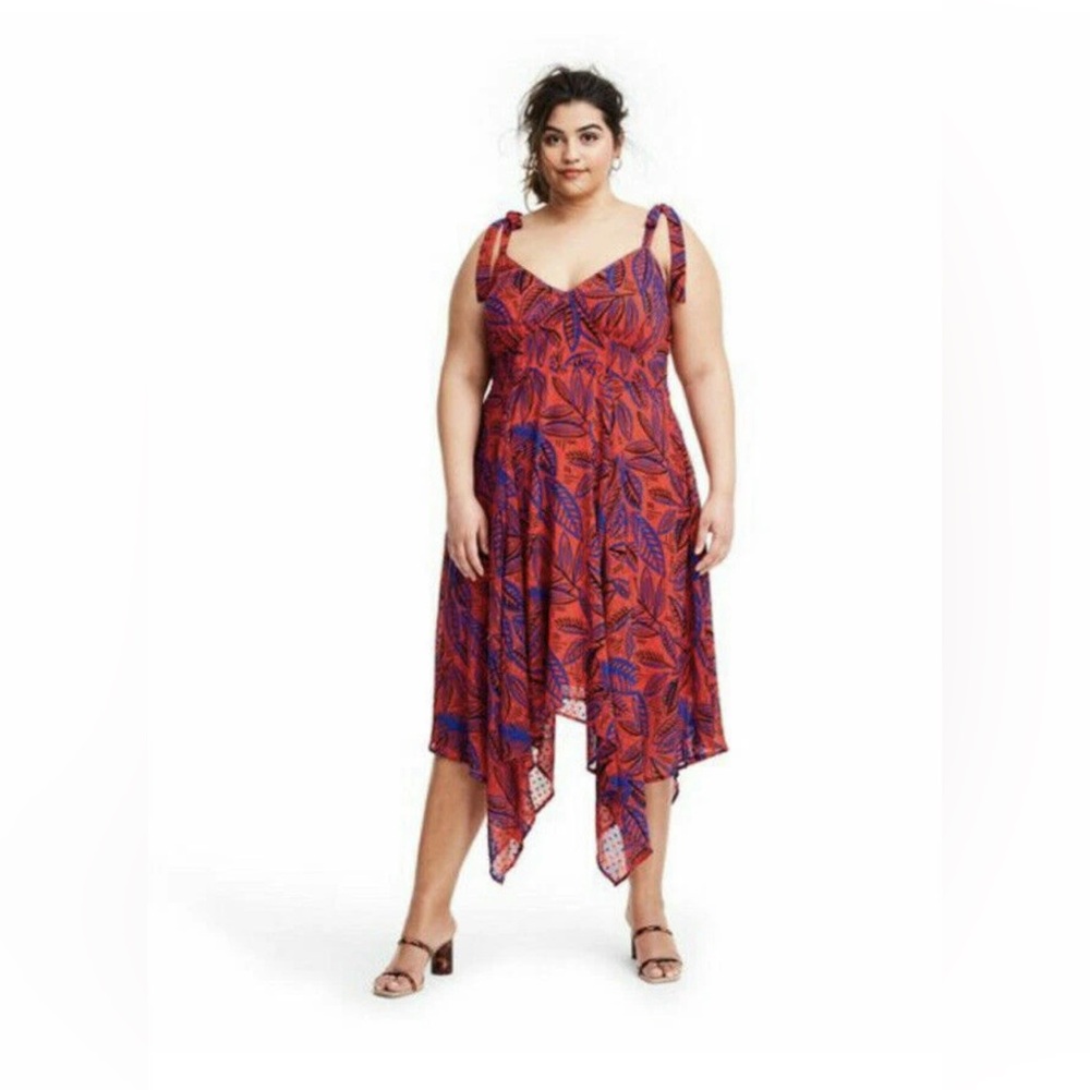 ALEXIS for Target Dress Orange Blue Botanical Tie Strap Asymmetrical Hem 2X NWT
